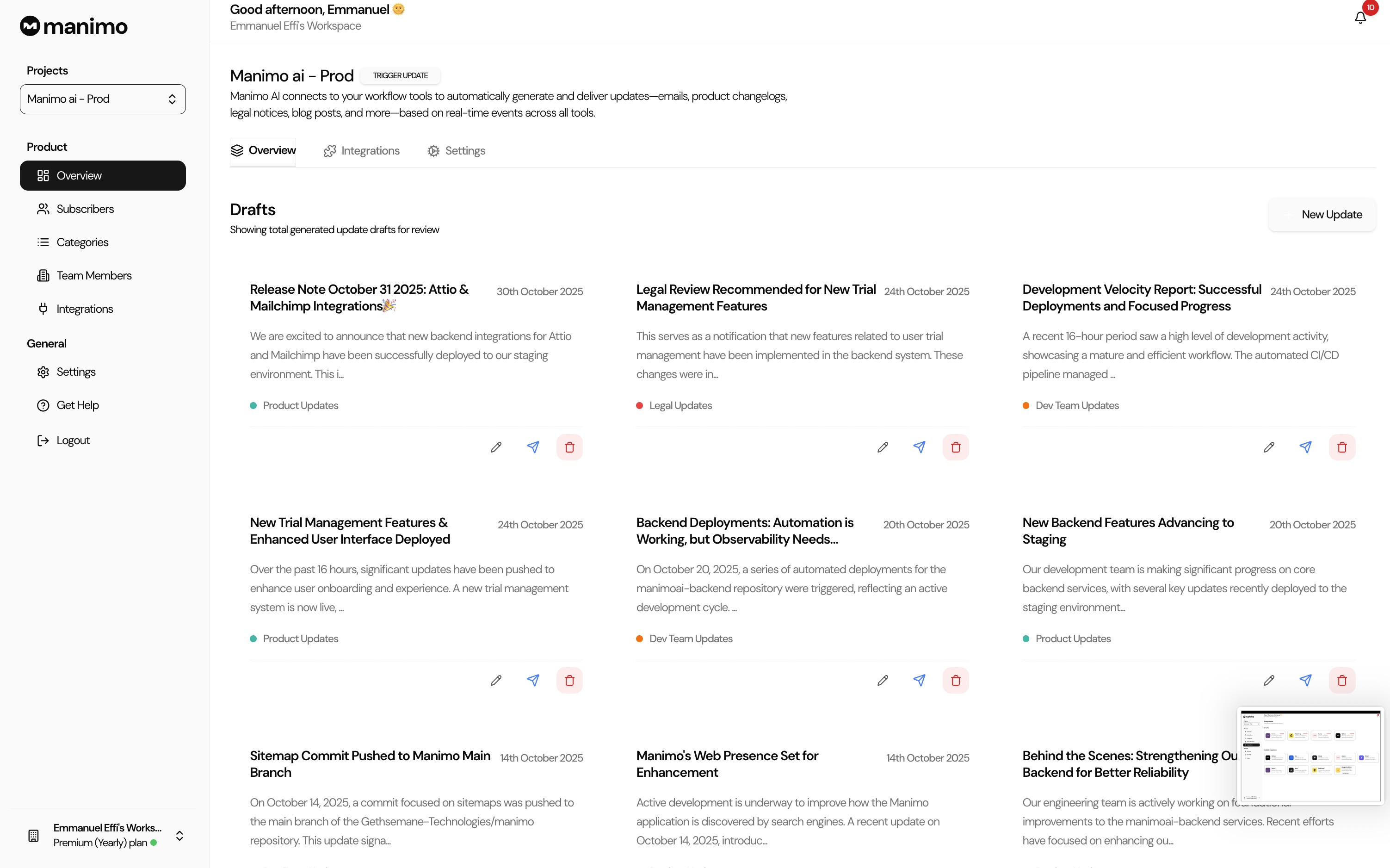 Manimo AI connects to your workflow tools to automatically generate and deliver updates—emails, product changelogs, legal notices, blog posts, and more—based on real-time events across all tools.
